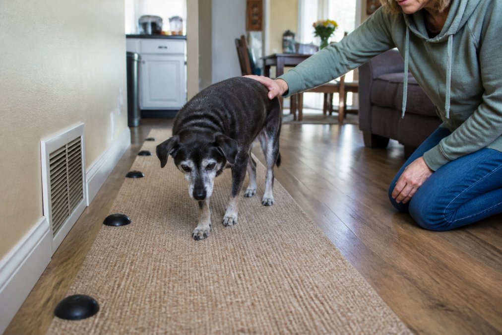 Senior dog using scent markers to navigate a home with the gentle support of their owner nearby.