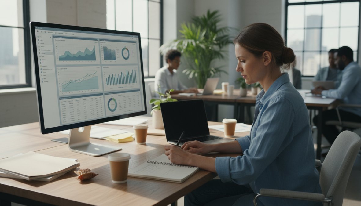 A marketing professional reviewing SEO analytics dashboards on a large monitor in a bright open-plan office, leaning forward and taking notes in a spiral notebook, with natural light from large windows behind the desk
