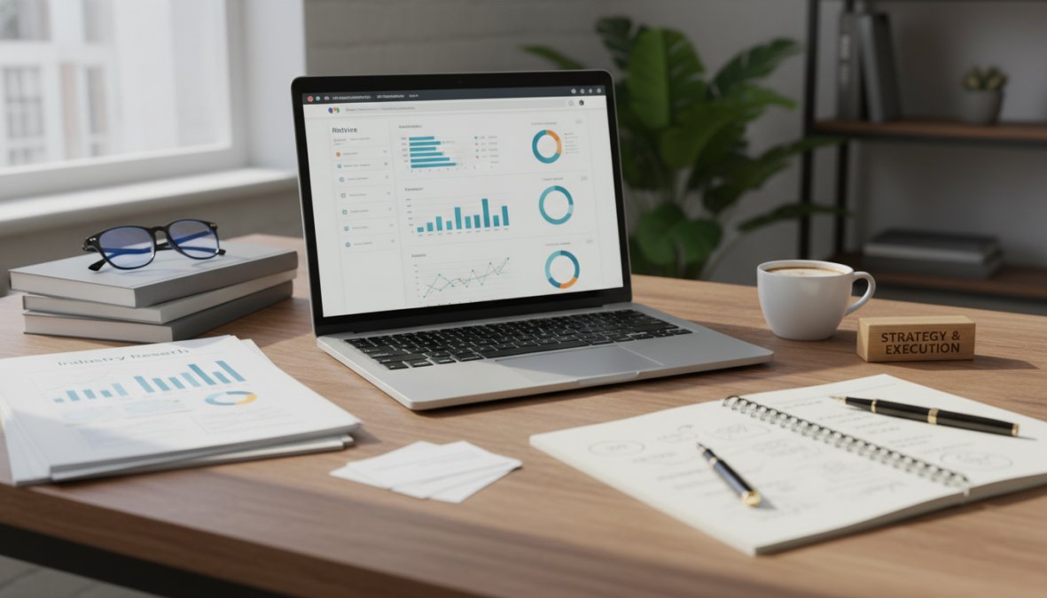 A marketing professional sitting at a desk with a laptop open to an analytics dashboard, reviewing backlink data with a notepad and coffee nearby in a bright modern office