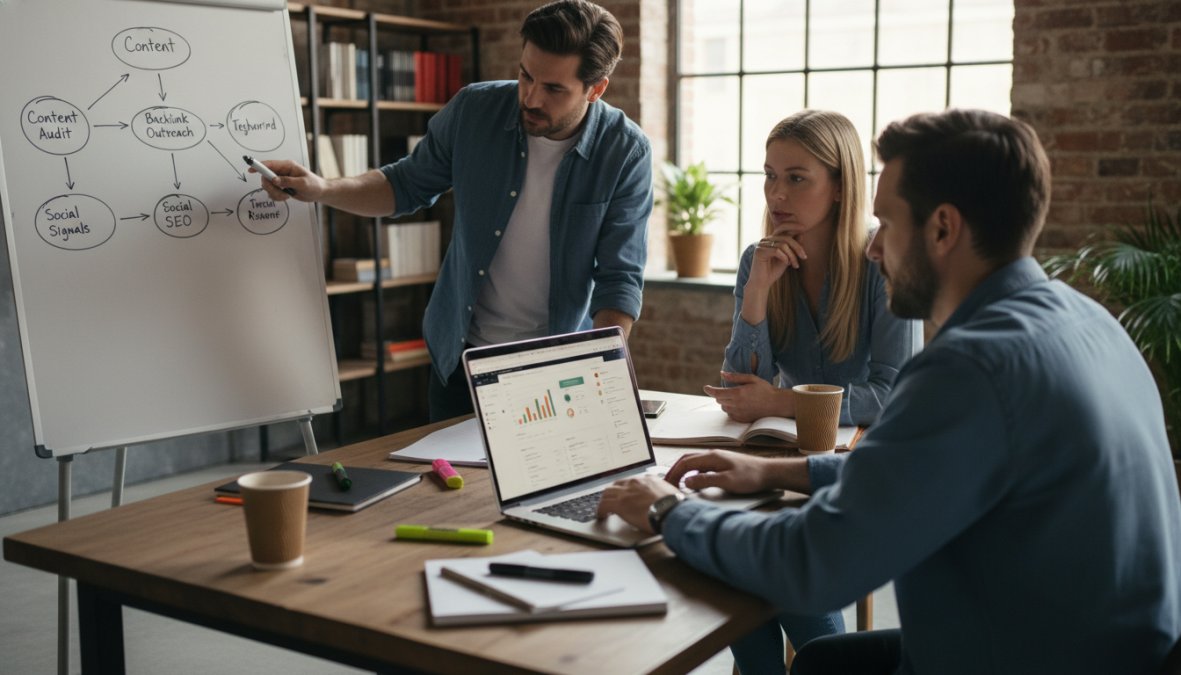 A small team of founders and marketers collaborating around a laptop and whiteboard covered in SEO strategy notes, standing in a bright startup office with natural light coming through large windows