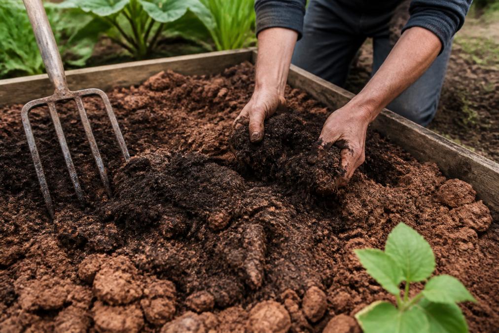A gardener's hands mixing dark, crumbly compost into heavy reddish-brown clay soil in a garden bed, with a pitchfork resting nearby in soft afternoon light