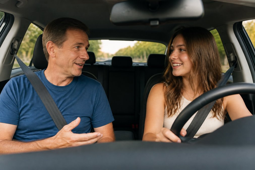 Parent and teen driver having a calm conversation in a car after a practice session, both looking relaxed and engaged, natural interior lighting