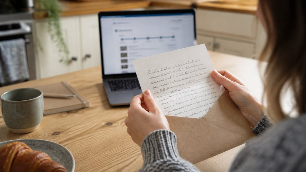 A close-up of a customer's hands opening a personalised handwritten letter at a kitchen table, with a laptop showing an e-commerce order dashboard softly blurred in the background