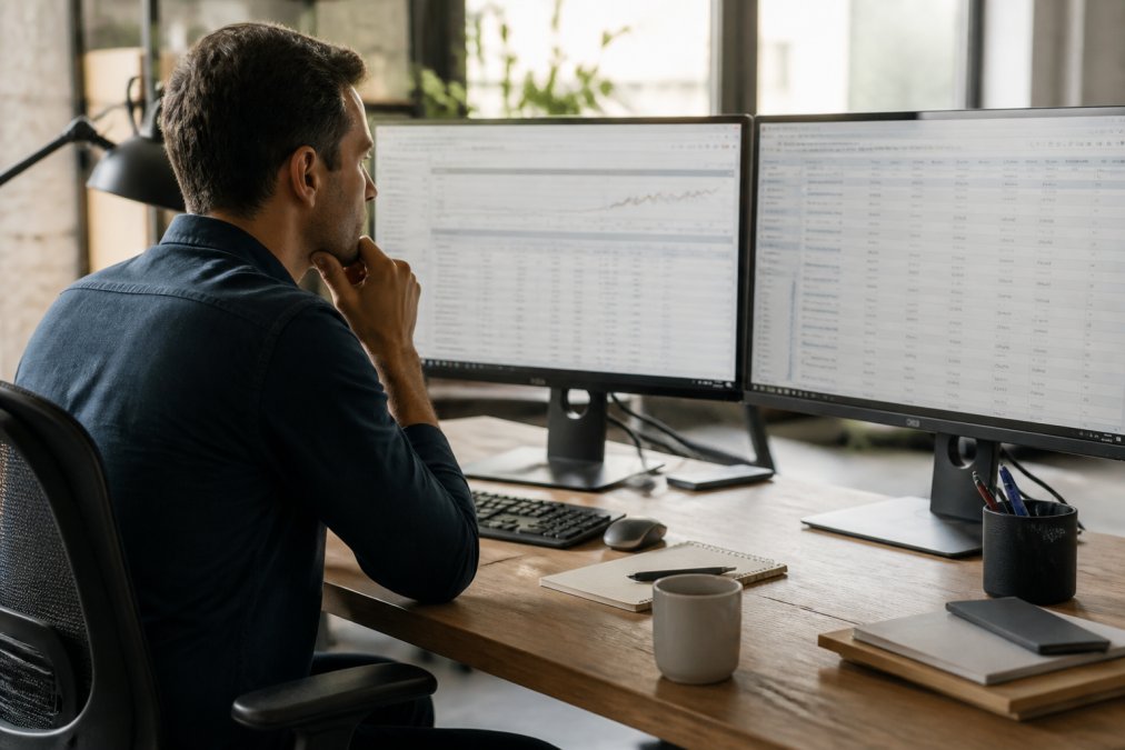 A focused marketing professional reviewing campaign performance dashboards on dual monitors in a modern office, with notebooks and a coffee cup on the desk