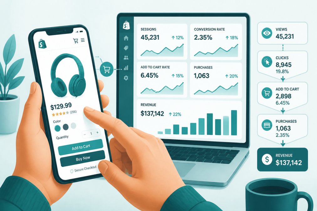 Close-up of hands scrolling through a Shopify product page on a smartphone, with a laptop showing analytics data visible in the background