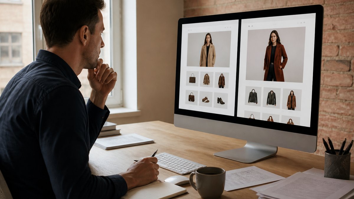 A digital strategist reviewing two side-by-side website layouts on a large monitor in a bright office, with a notebook and coffee on the desk