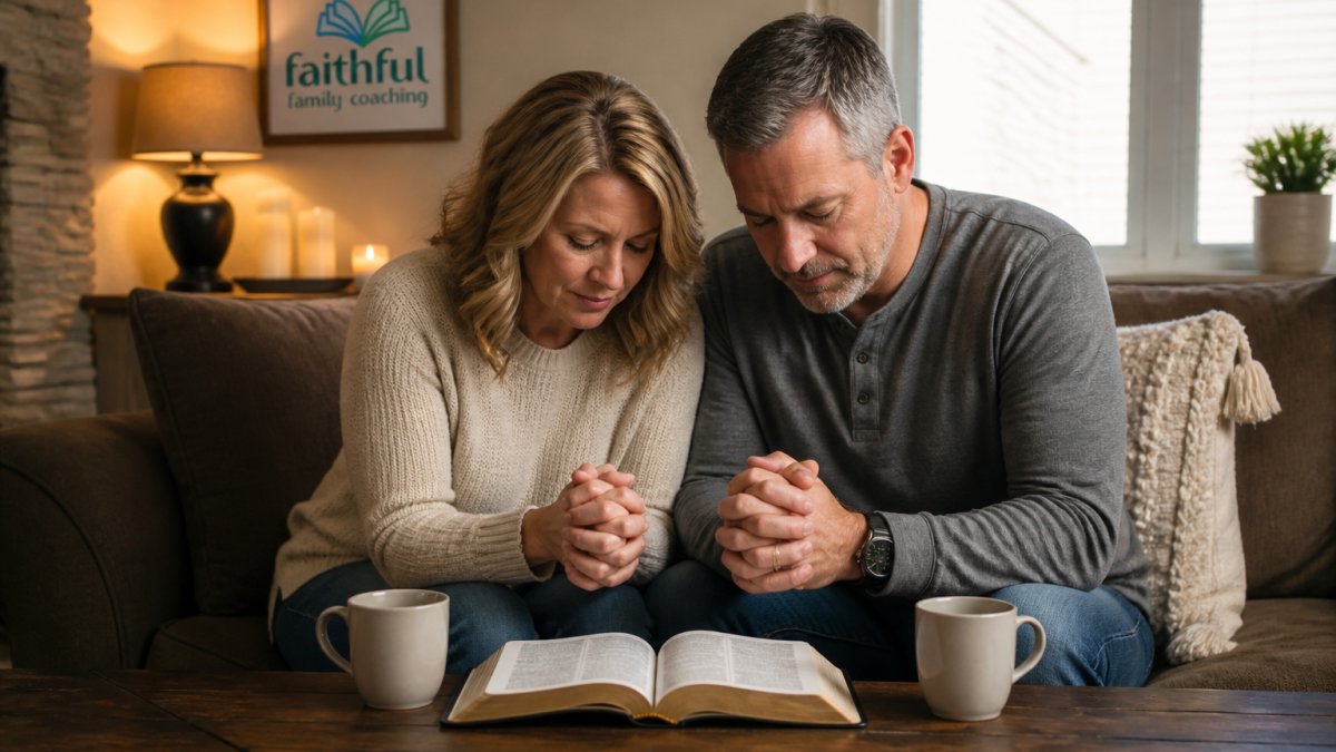 A married couple in their 40s sitting close together on a couch in a softly lit living room, heads bowed and hands clasped, open Bible on the coffee table in front of them