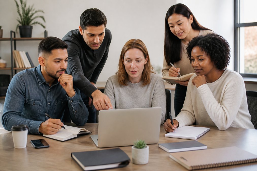 Diverse team collaborating during a cybersecurity awareness training session in a modern office.