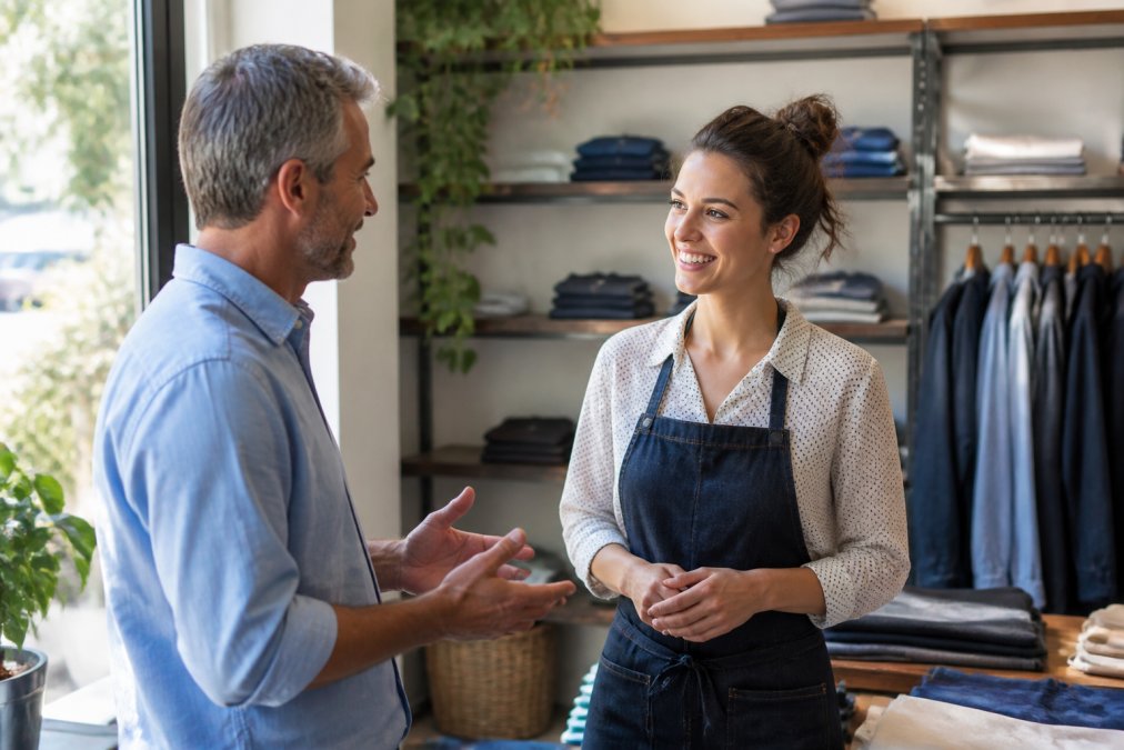 A small retail store owner having a positive one-on-one conversation with a sales associate on the sales floor, both smiling and engaged, with warm natural light from the storefront window