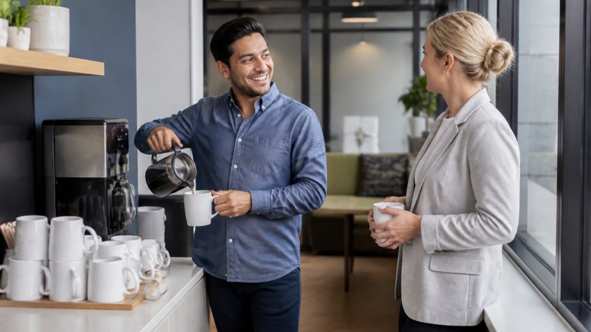 A well-stocked office break room with a coffee station, fresh mugs stacked beside a brewer, and a colleague pouring a cup while smiling at a coworker near a window