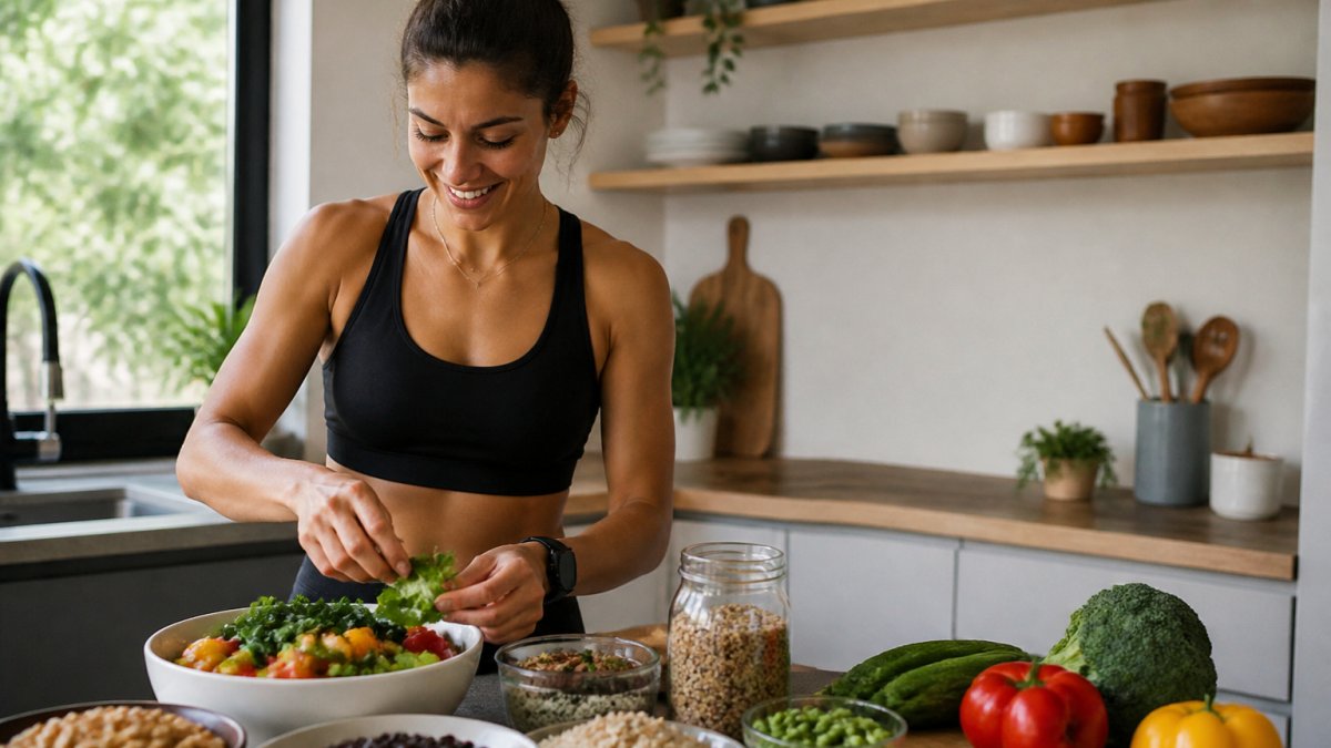 Plant-based athlete preparing a colorful meal with legumes, grains, and vegetables in a bright kitchen, with a training calendar visible in the background