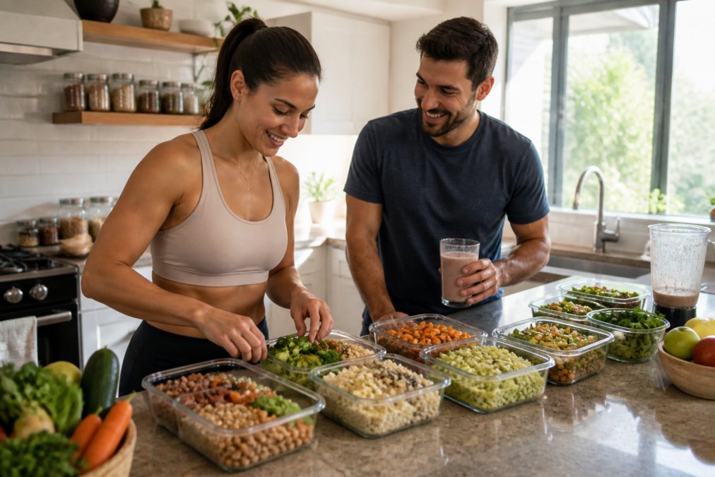 Kitchen counter with meal prep containers filled with colorful vegetables, cooked legumes, brown rice, quinoa, and a plant-based protein smoothie in a glass, natural daylight streaming through window