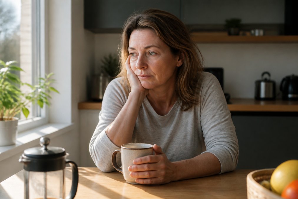 A woman in her late 40s sitting at a kitchen table in the morning, holding a mug of tea, looking tired with soft natural light coming through the window