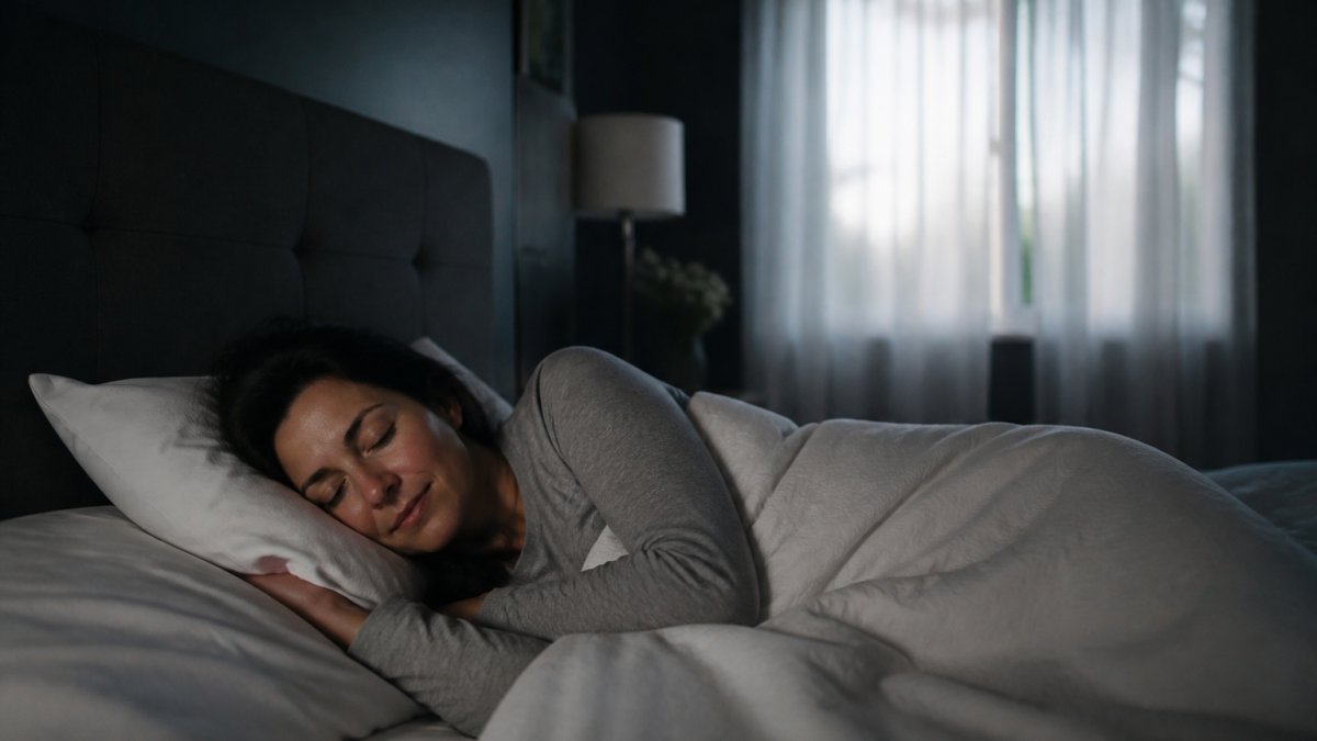 Person sleeping peacefully in a dark bedroom with soft natural light filtering through sheer curtains, showing a calm and restful sleep environment