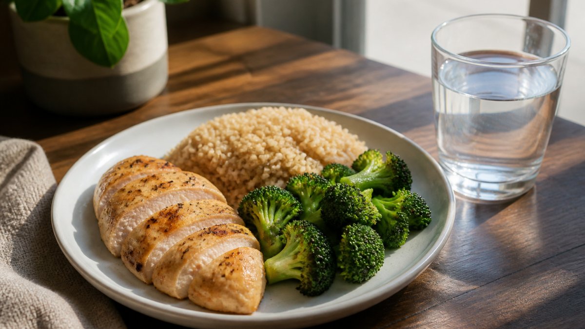 Balanced plate with grilled chicken breast, brown rice, and roasted broccoli on a wooden table with a glass of water beside it in natural morning light