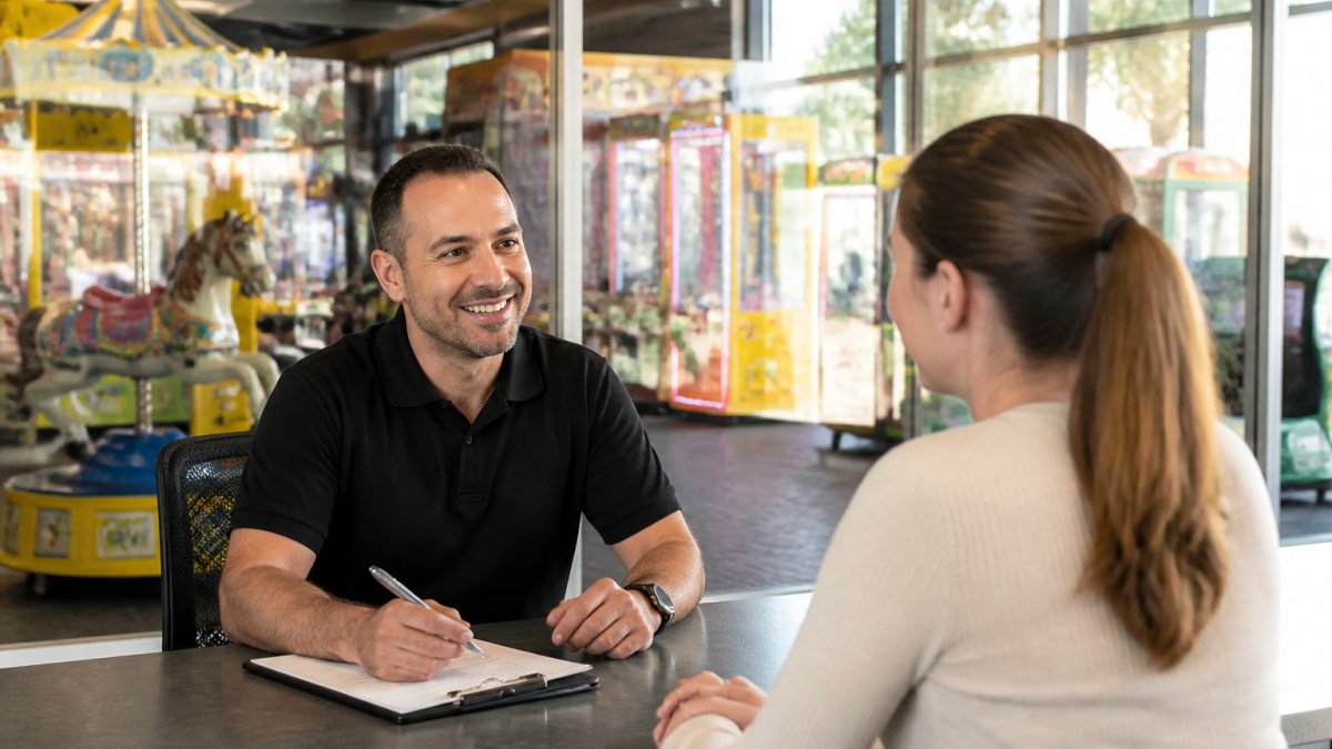 Venue manager conducting a friendly job interview to improve staff retention in a bright, colorful arcade office.
