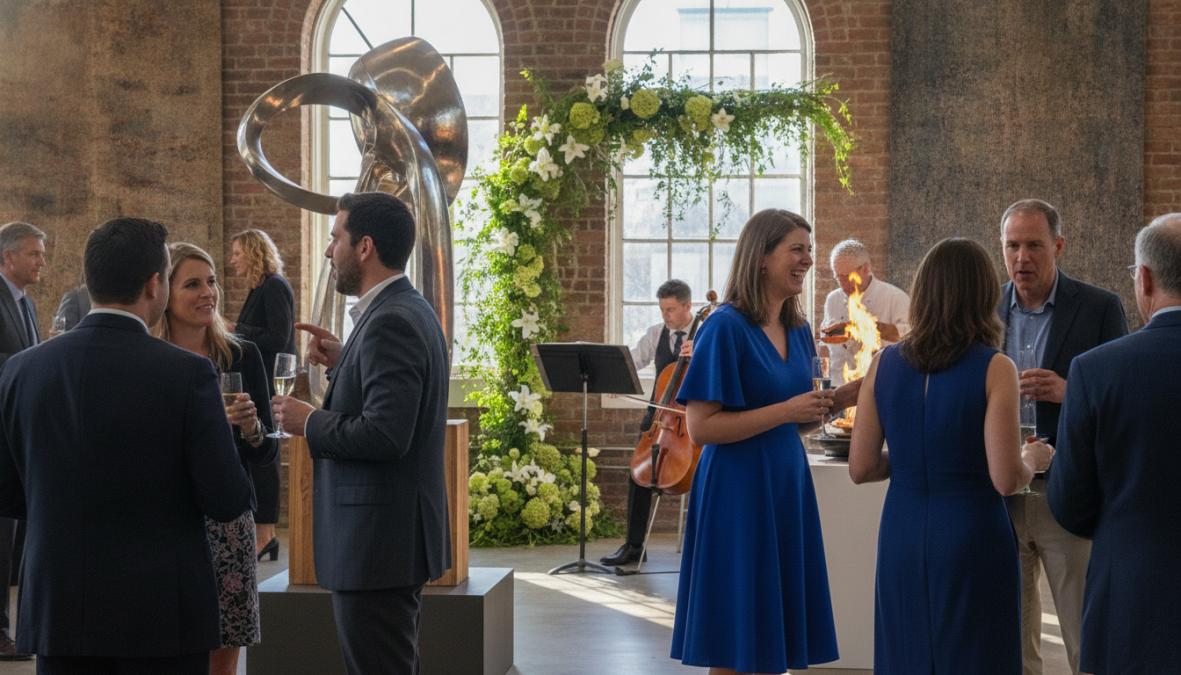 Group of event attendees engaged in animated conversation at a networking station, smiling and gesturing naturally, with professional photographer capturing candid moments of genuine connection in warm lighting