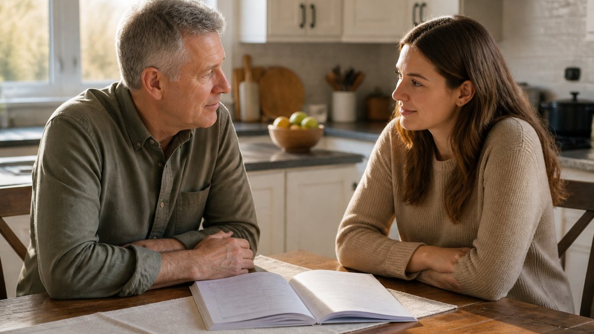 A parent and adult child sitting at a kitchen table with an open printed journal between them, both leaning in and listening to each other in warm afternoon light
