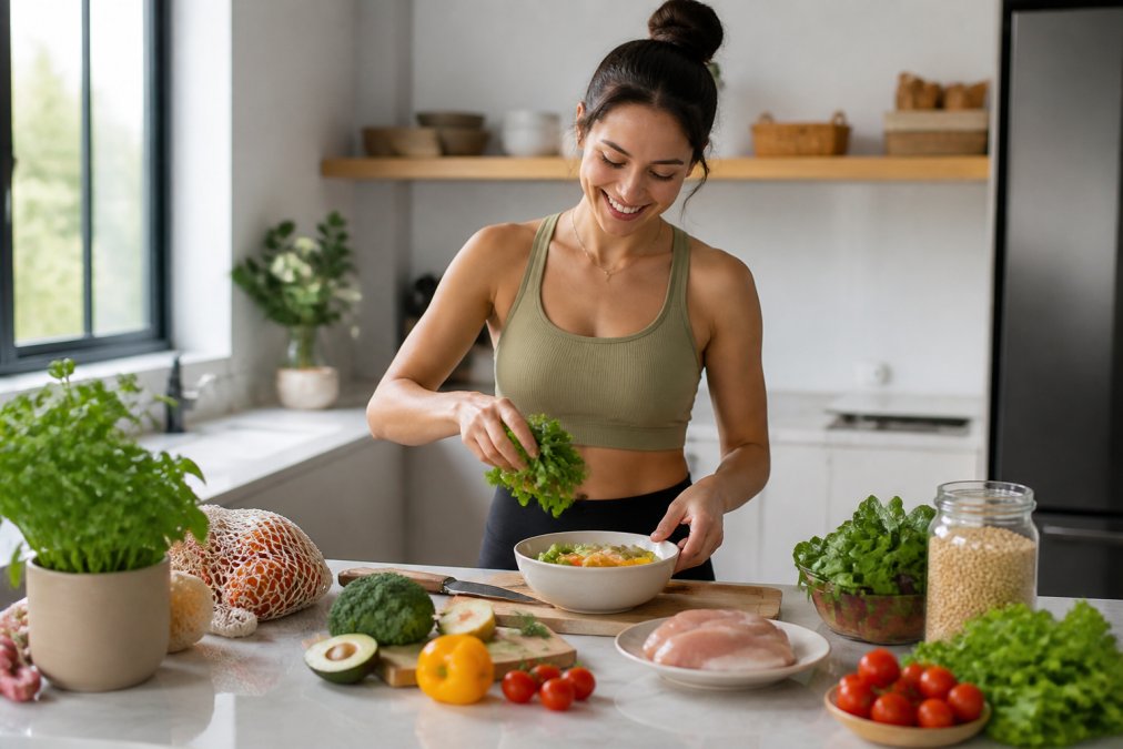 Person preparing a nutritious meal with fresh vegetables, lean proteins, and whole grains in a bright kitchen, emphasizing whole foods for hormone health