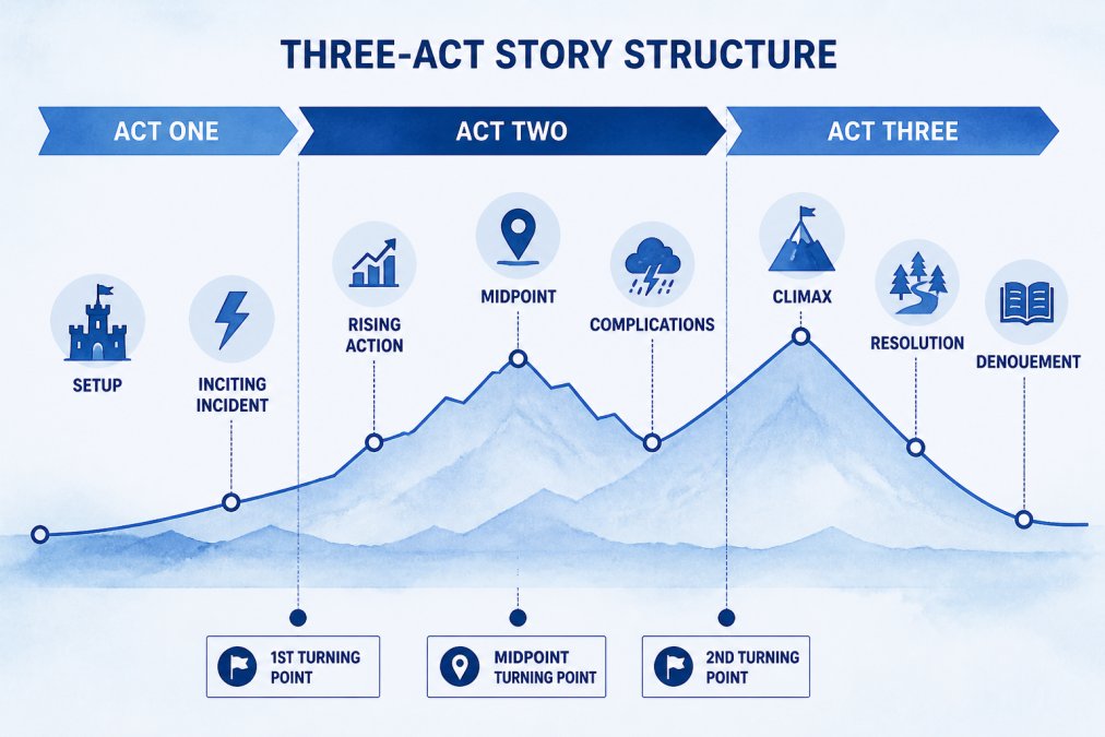 Watercolour diagram showing three-act story structure with Act One (Setup, Inciting Incident), Act Two (Rising Action, Midpoint, Complications), Act Three (Climax, Resolution, Denouement) with key turning points marked