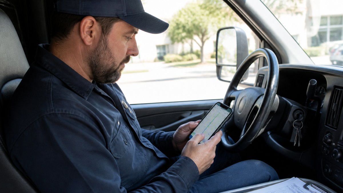 Professional HVAC technician in truck cab reviewing mobile scheduling app on smartphone with route map visible on screen, natural sunlight through window
