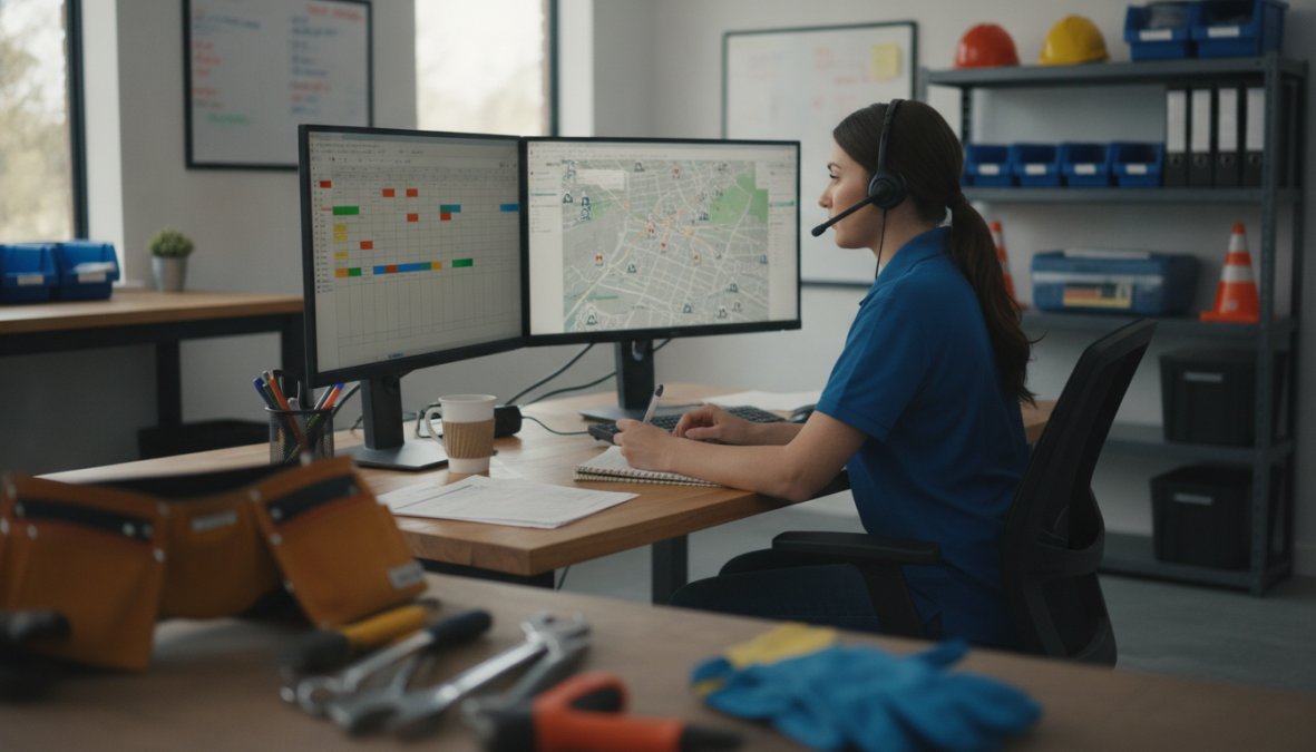 A dispatcher at a desk with dual monitors showing a scheduling calendar and a live map of technician locations, wearing a headset and reviewing handwritten notes in a bright [home services](/hiring-remote-dispatchers-for-home-services/) office