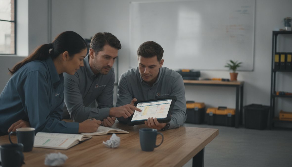 A small team of field service managers and technicians gathered around a tablet reviewing a digital schedule together in a well-lit operations room with a whiteboard visible in the background