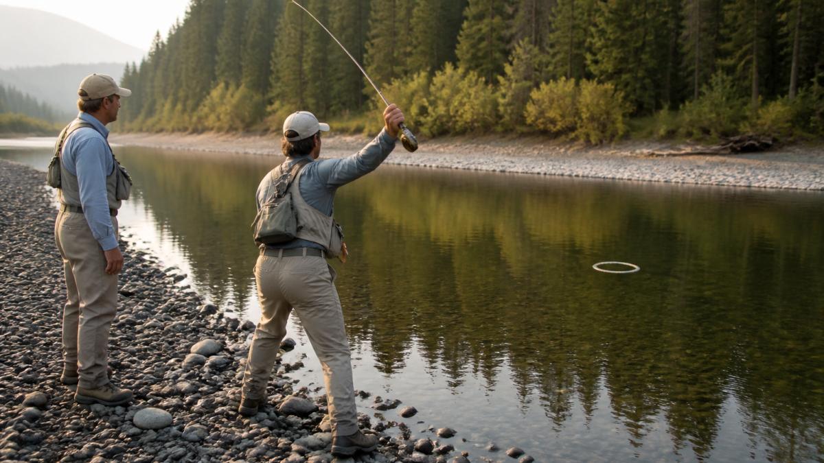 Angler standing on a gravel riverbank with a guide while practicing fly casting toward a target ring on the water