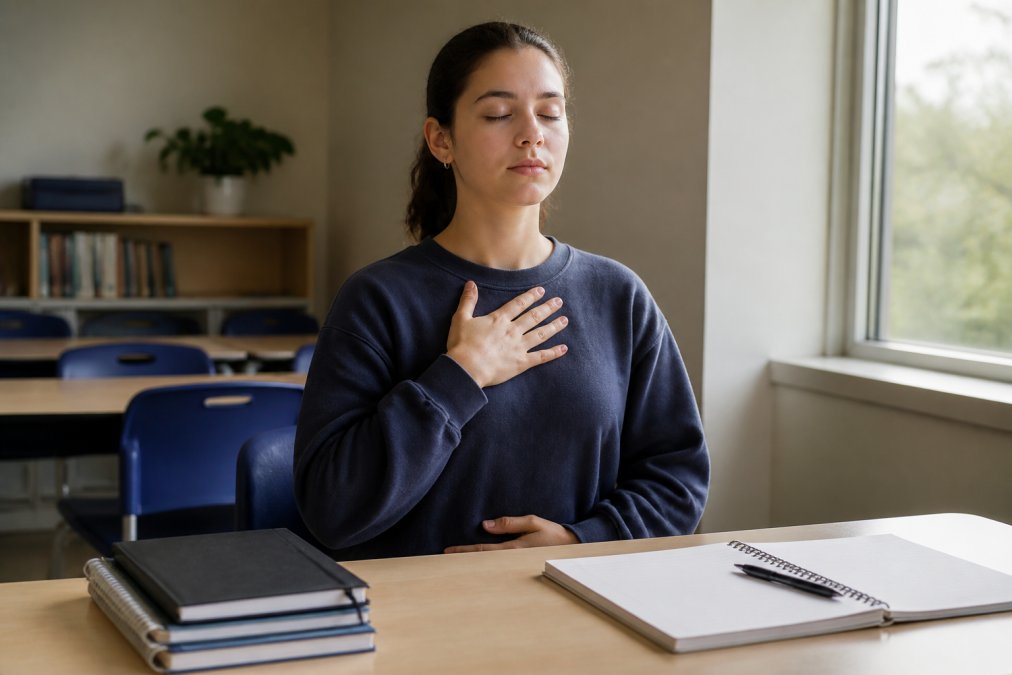 Student sitting at desk with shoulders relaxed, hand on chest, practicing deep breathing exercises with calm expression and natural window lighting