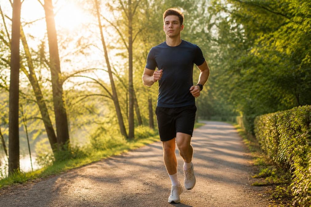 Student jogging outdoors in morning sunlight through tree-lined path, or sitting at desk with healthy breakfast, water bottle, and fresh fruit nearby