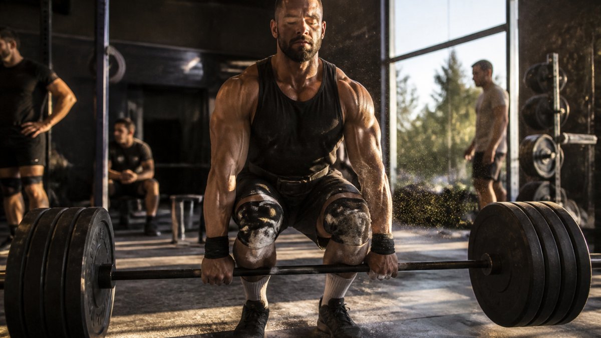Lifter taking a deep breath while gripping a heavy barbell in a gym