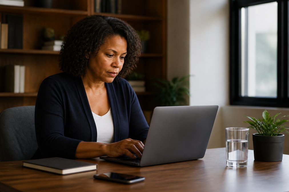 Person working at a clean, quiet desk to improve focus naturally with a laptop and a closed notebook nearby.