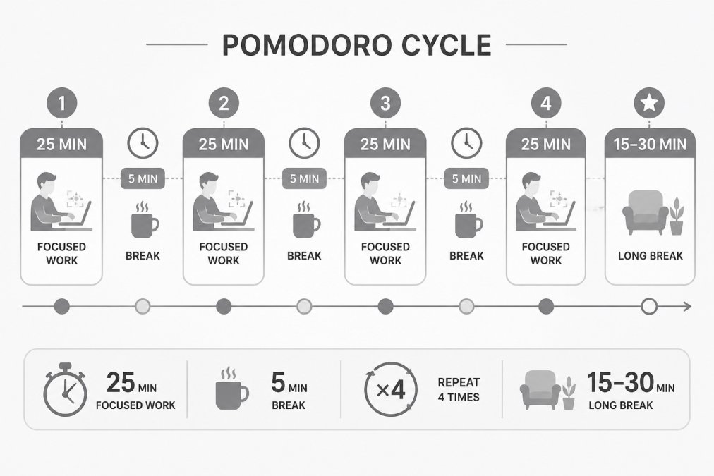 Timeline of a Pomodoro cycle: 25-minute focused work block on one task, 5-minute break, repeated 4 times, then a 15-30 minute longer break, with labels for each block