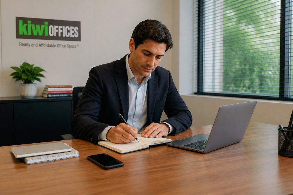 Professional working at an organized desk to improve focus while planning tasks on a laptop.
