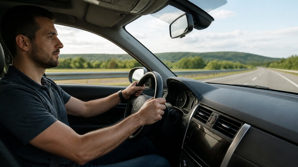 Driver with calm, focused expression maintaining steady grip on steering wheel on open highway, demonstrating smooth controlled driving technique with natural daylight streaming through windshield