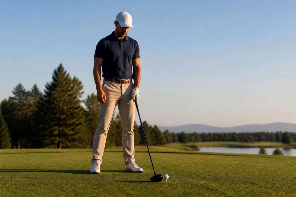 Golfer standing deliberately behind the ball on the tee box, focused expression, methodically assessing the shot with composed body language and deliberate positioning