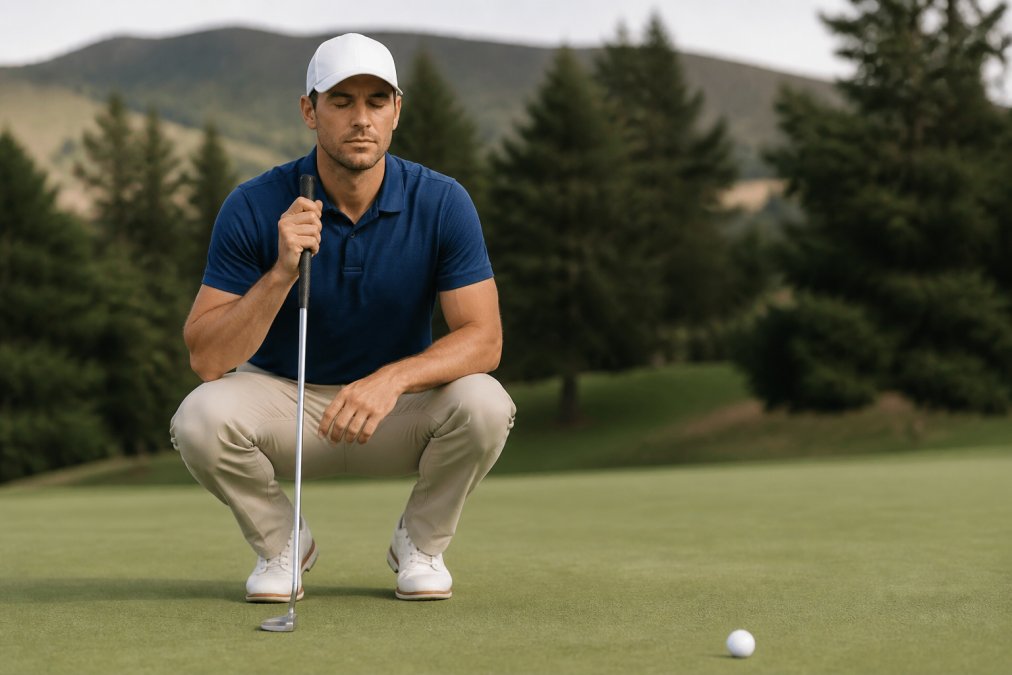 Golfer on the green taking a deliberate deep breath before putting, calm facial expression, centered posture, eyes focused downward with visible composure and mindful presence