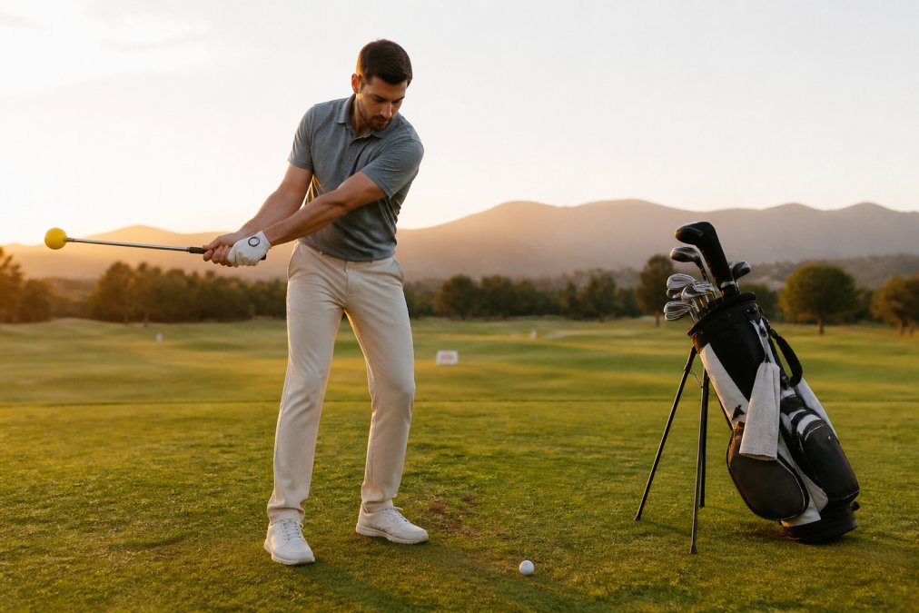 A golfer practicing a slow-motion swing on a grassy range at golden hour, holding a training aid, focused expression, golf bag nearby