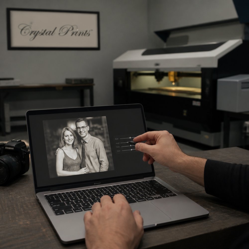 Close-up of hands adjusting a brightness and contrast slider on a photo editing software interface on a laptop screen, with a laser engraving machine in the blurred background of a workshop