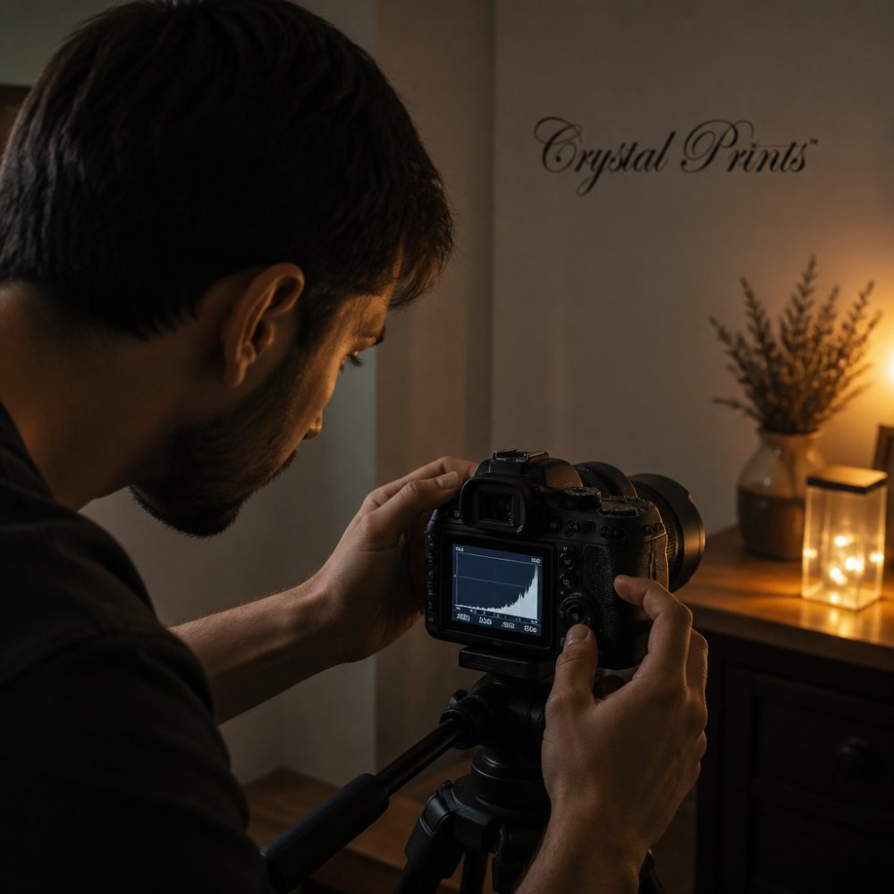 A photographer adjusting ISO and aperture settings on a DSLR camera in a dimly lit room, camera LCD screen glowing with a histogram and exposure values