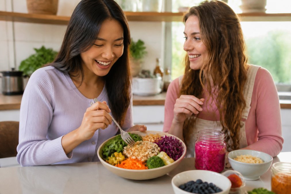 Overhead shot of a colorful bowl filled with diverse plant-based foods: leafy greens, berries, whole grains, legumes, and fermented vegetables on a bright kitchen counter