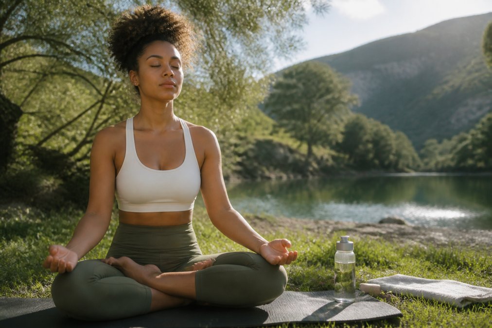 Person in a peaceful setting practicing meditation or deep breathing with a calm expression, natural lighting, serene environment