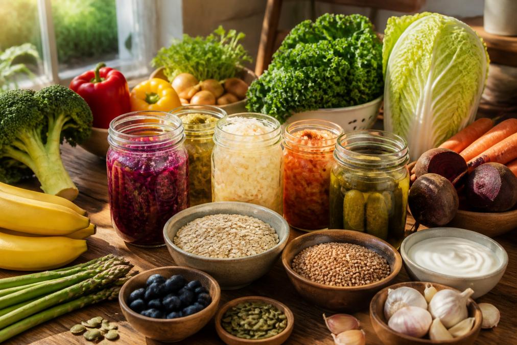 Colorful array of whole foods on a wooden table including fresh vegetables, fermented foods in glass jars, whole grains, and leafy greens arranged naturally with warm natural sunlight streaming across the surface