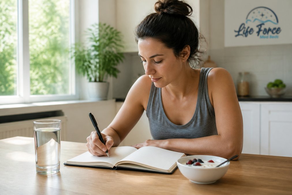 Person sitting at a kitchen table writing notes in a health journal beside a glass of water and a bowl of yogurt, morning light through the window