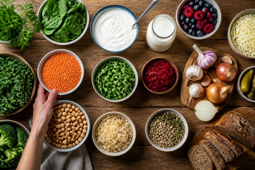 Overhead shot of a colourful spread of plant-based foods on a wooden kitchen table: bowls of lentils, chickpeas, leafy greens, berries, yoghurt, kefir, garlic, onions and wholegrain bread, with a hand reaching for a bowl