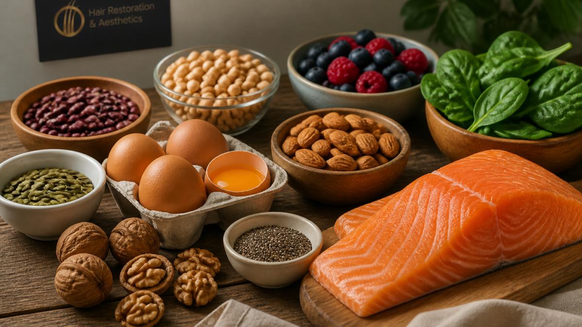 Infographic showing nutrient-rich foods that help support hair density and healthy growth