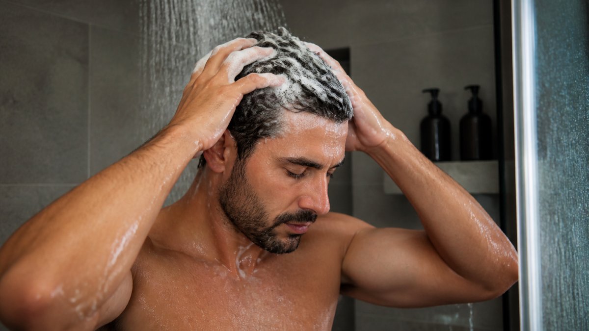 Man in modern bathroom demonstrating proper shampooing technique with water running through hair, hands positioned on scalp showing correct finger massage motion