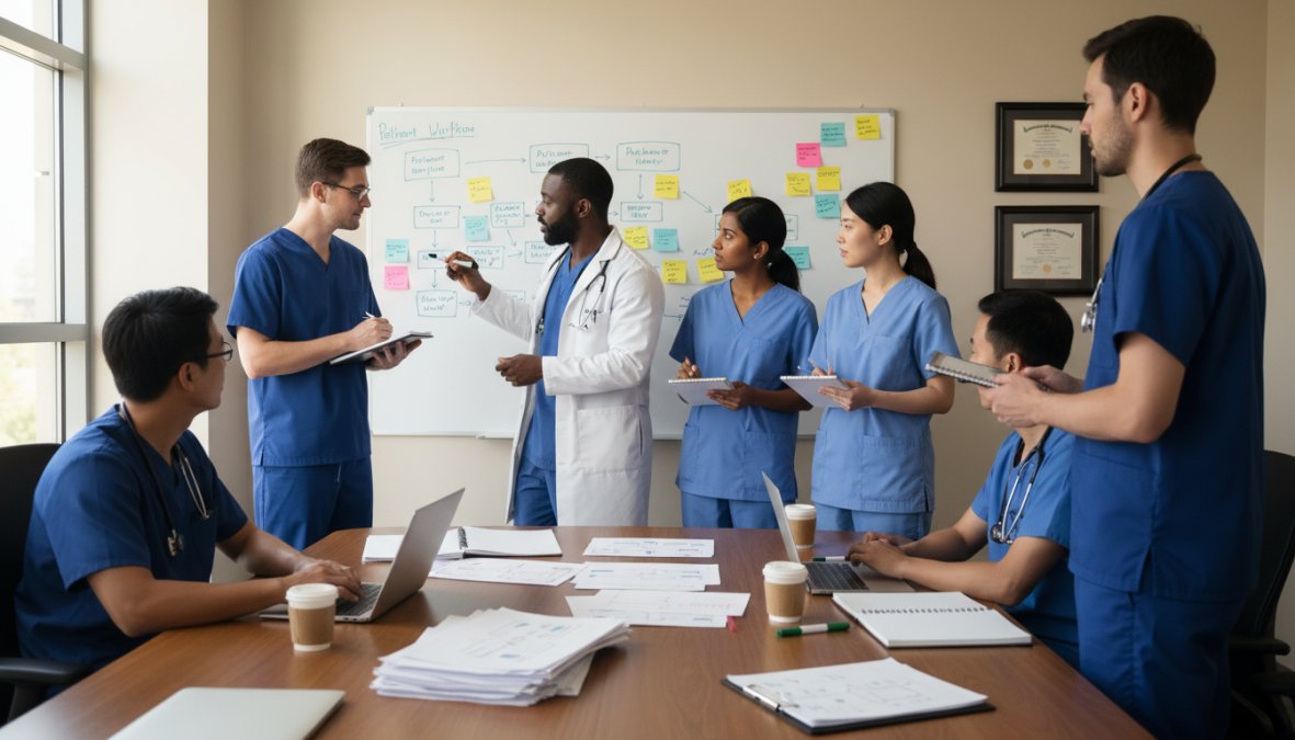 A diverse clinical team gathered around a whiteboard in a hospital conference room, reviewing sticky notes and workflow diagrams during a process improvement session, with warm overhead lighting and engaged expressions