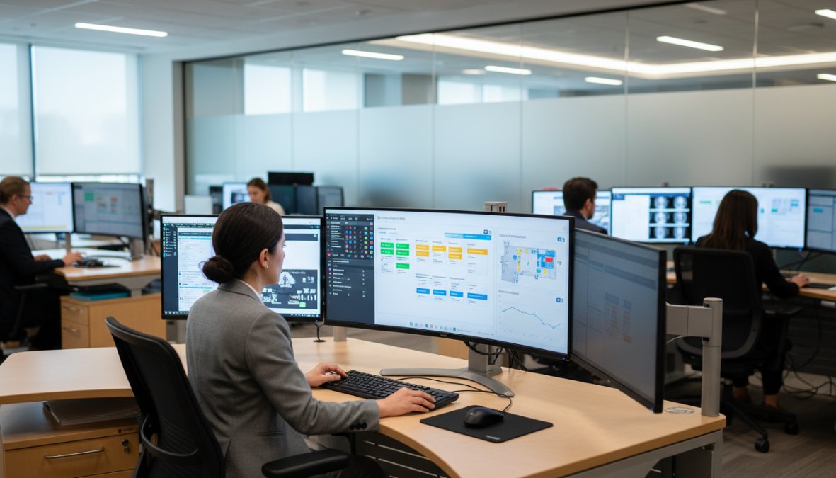 A healthcare administrator in scrubs seated at a modern workstation, reviewing a digital patient tracking dashboard on a large monitor in a well-lit hospital operations center, with other staff visible in the background