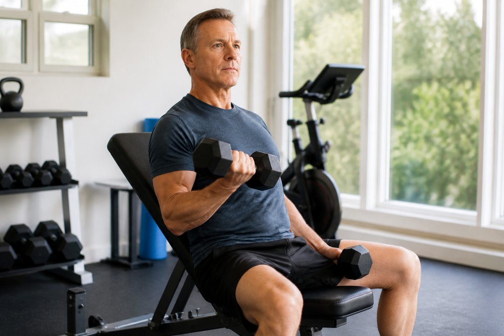 Active 50-year-old man performing dumbbell exercises with proper form in a bright, modern home gym with natural light streaming through windows